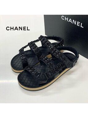 Chanel CC Logo Leather Chain Velcro Sandals Black